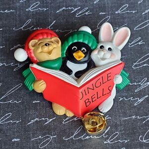 Vintage Hallmark Christmas Pin Animal Friends Singing Jingle Bells Brooch Cute